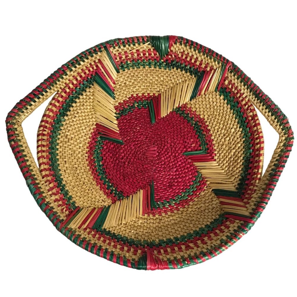 Handwoven Basket Woven Grass Red Green Beige Natural Dye Loop Handles 12"